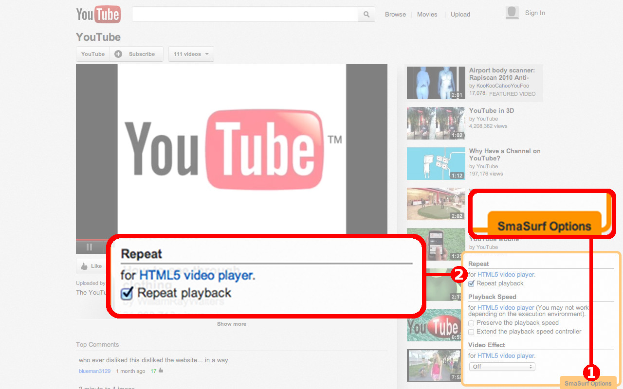 Screen shot: YouTube: Repeat playback