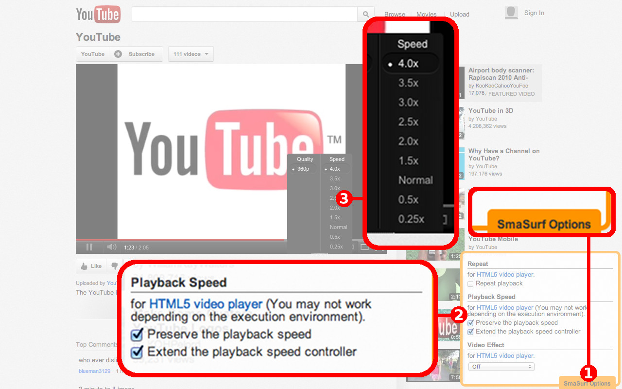 Screen shot: YouTube: Playback speed controller extend